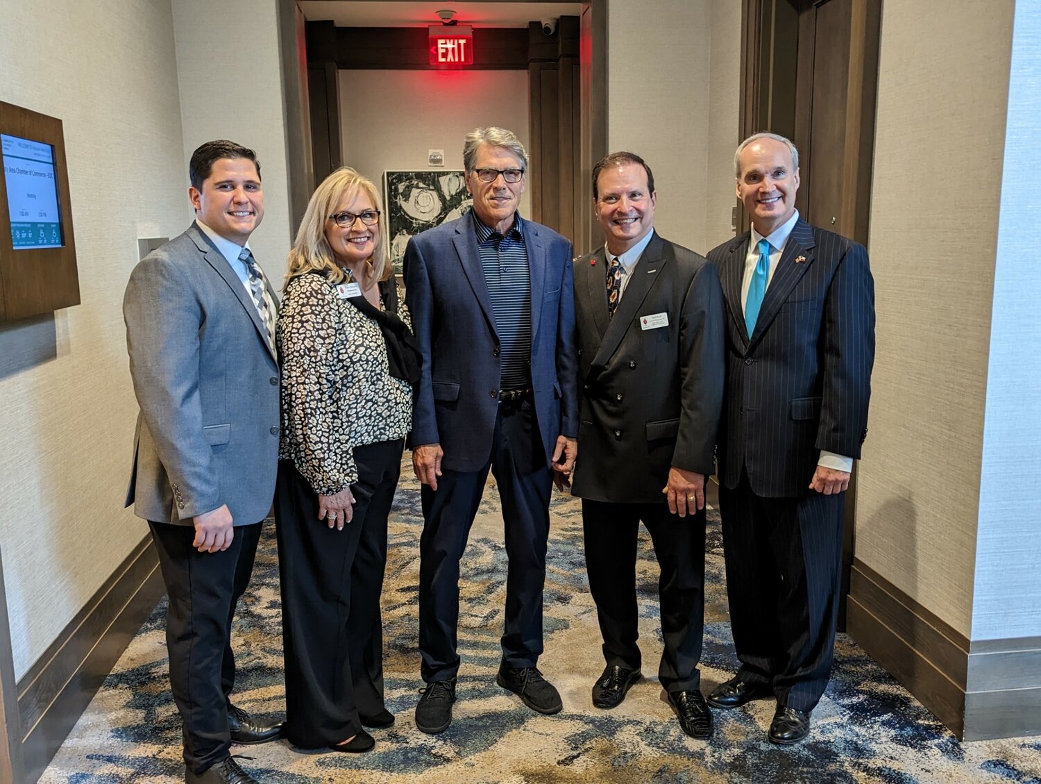From left, Matthew Ferraro, Katy Area Chamber of Commerce president; Angie Thomason, Katy Area Economic Development Council president/CEO; former Gov. Rick Perry; Paul Kurt, Katy Area Economic Development Council chairman, and state Rep. Mike Schofield, R-Katy, at the first annual Katy Area Economic Outlook Summit.